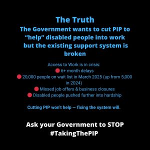 ALT TEXT: Black background with bold blue and white text. The heading says “The Truth”. The main message reads: “The Government wants to cut PIP to 'help' disabled people work but the system meant to support that is broken.” Below, bullet points highlight the crisis in Access to Work: 6+ month delays, 20,000 people on the waitlist (March 2025 — up from 5,000 in 2024), missed jobs and lost businesses, and rising hardship. The line “Cutting PIP won’t help. Fixing the system will.” follows in purple. At the bottom, white text reads: “Ask your Government to STOP #TakingThePIP.”